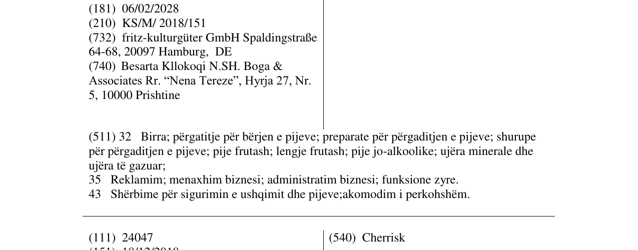 Zëri i markës fritz-kola në buletin