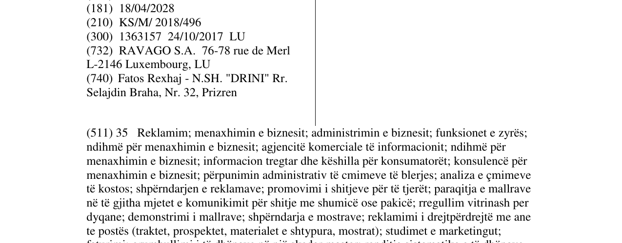 Zëri i markës RAVAGO S.A. në buletin