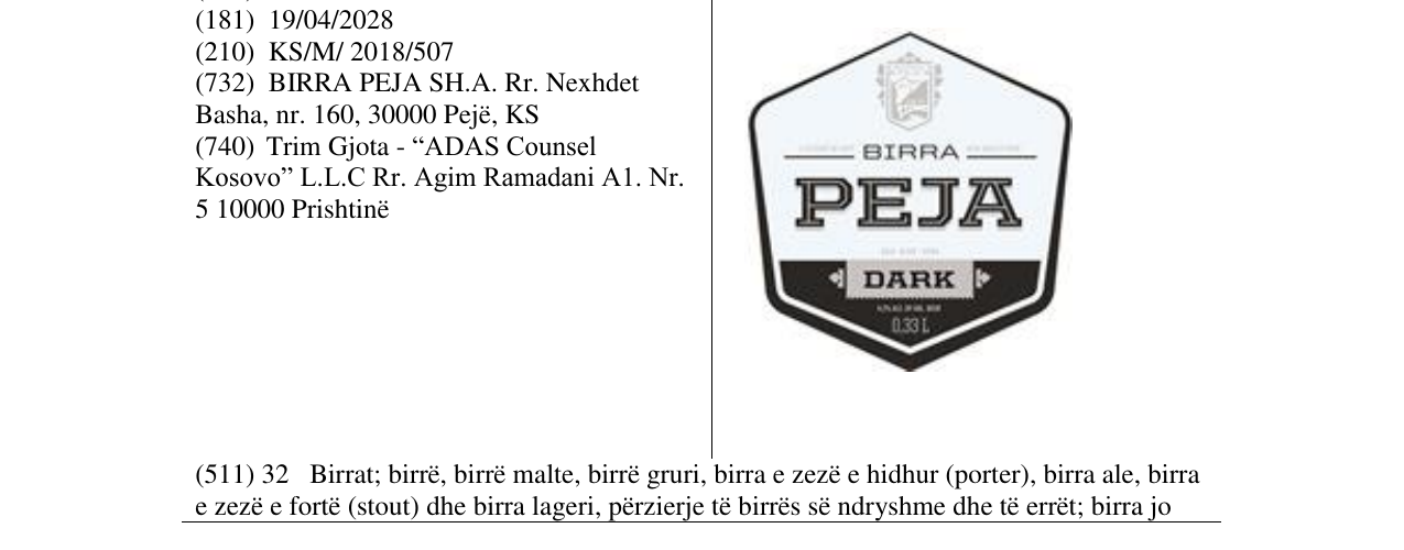Zëri i markës BIRRA PEJA DARK në buletin