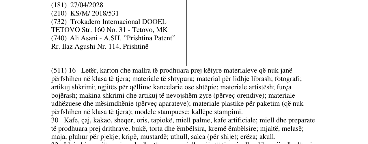 Zëri i markës TROKADERO në buletin