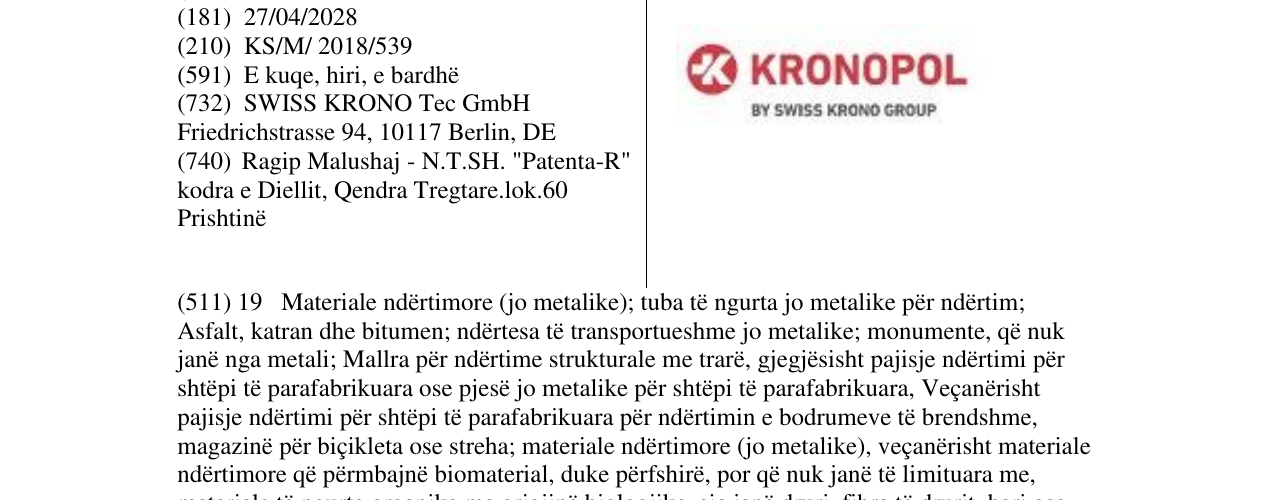 Zëri i markës KRONOPOL BY SWISS KRONO GROUP në buletin