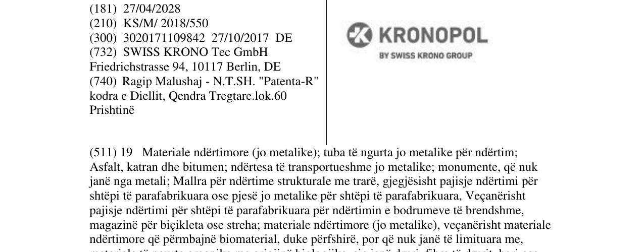 Zëri i markës KRONOPOL BY SWISS KRONO GROUP në buletin