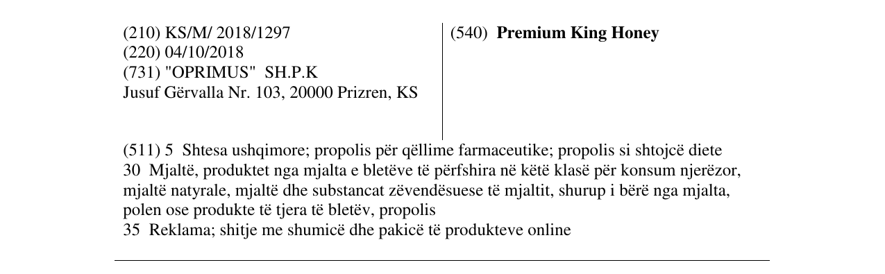 Zëri i markës Premium King Honey në buletin