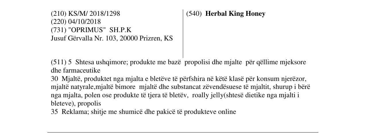Zëri i markës Herbal King Honey në buletin
