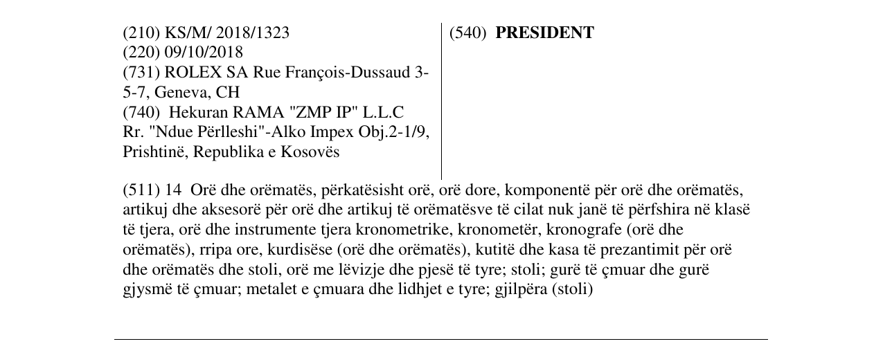 Zëri i markës PRESIDENT në buletin