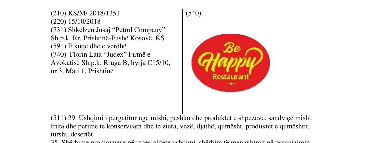 Zëri i markës Be Happy Restaurant në buletin