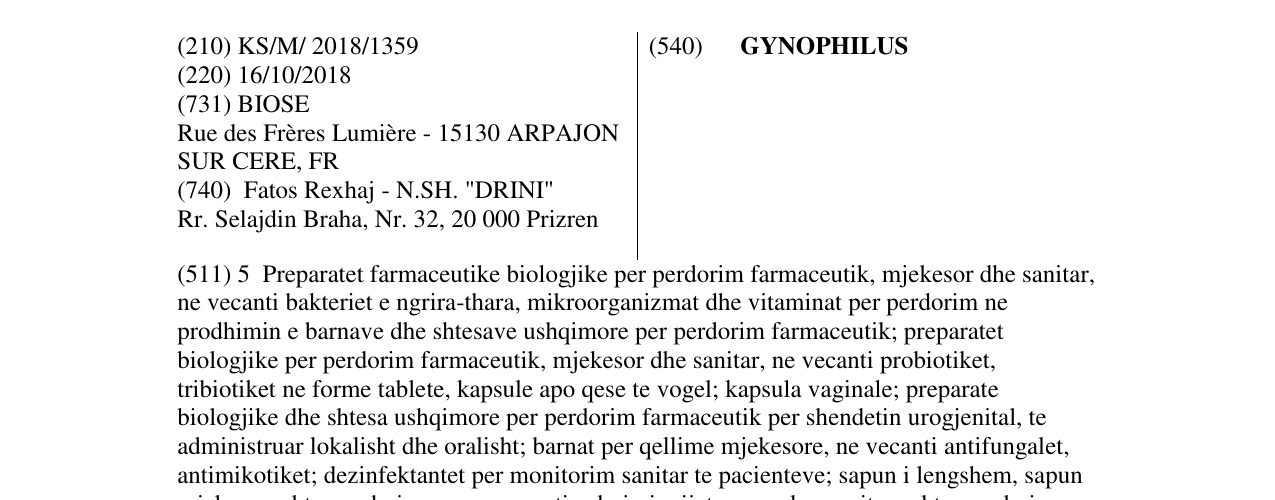 Zëri i markës GYNOPHILUS në buletin