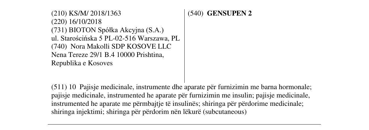 Zëri i markës GENSUPEN 2 në buletin