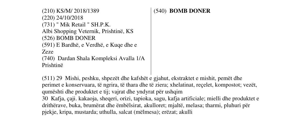 Zëri i markës BOMB DONER në buletin