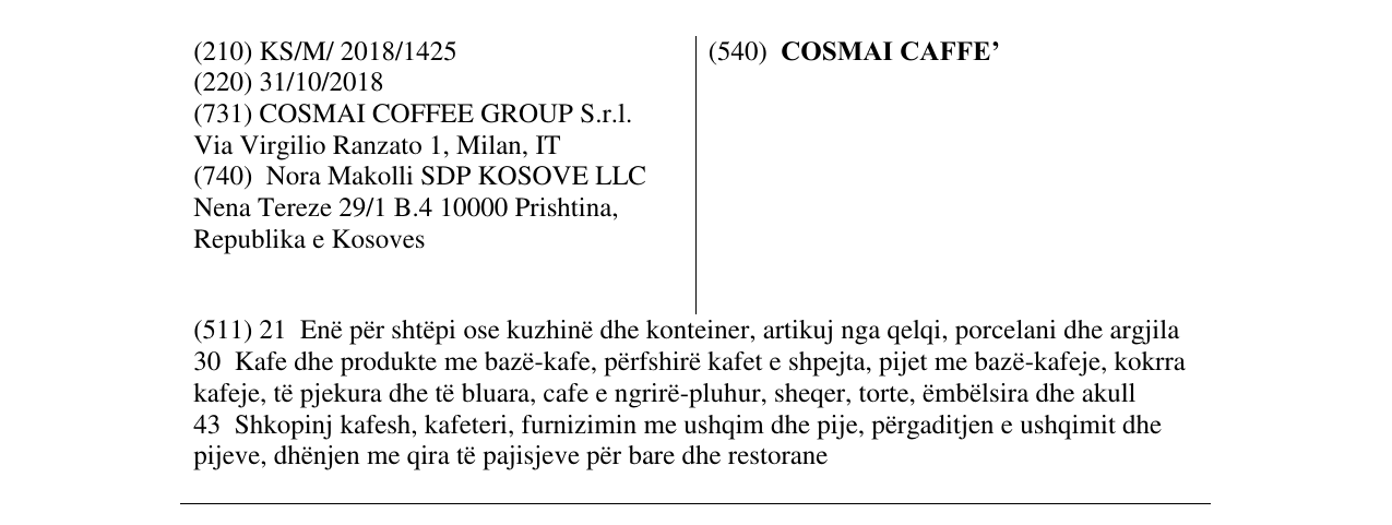 Zëri i markës COSMAI CAFFE’ në buletin