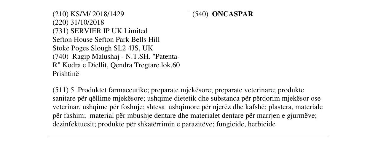 Zëri i markës ONCASPAR në buletin