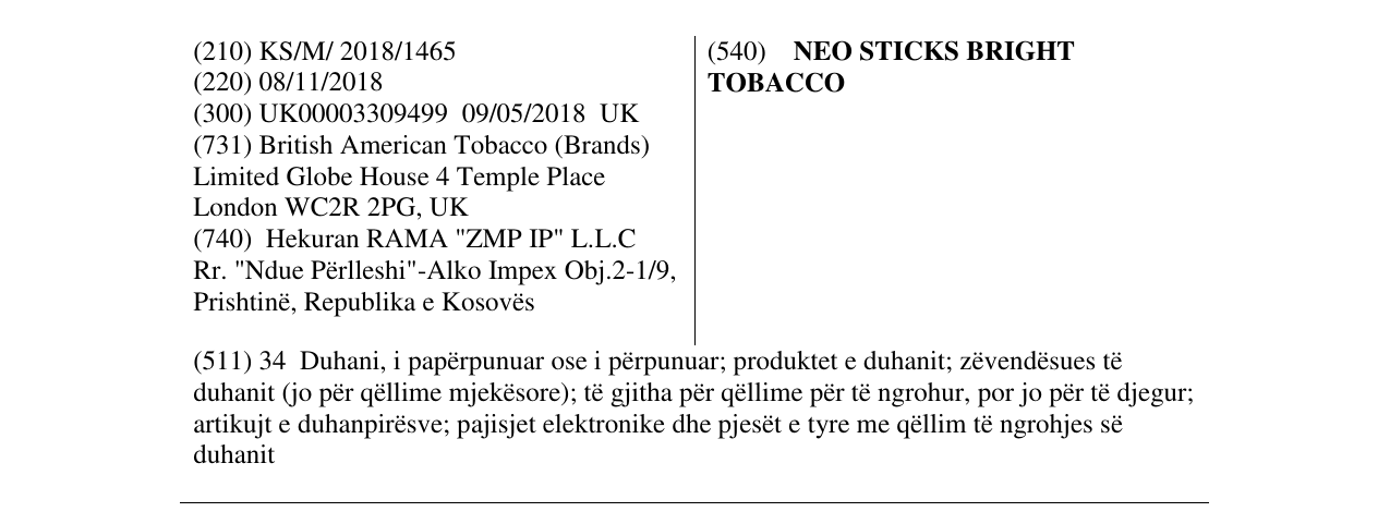 Zëri i markës NEO STICKS BRIGHT TOBACCO në buletin
