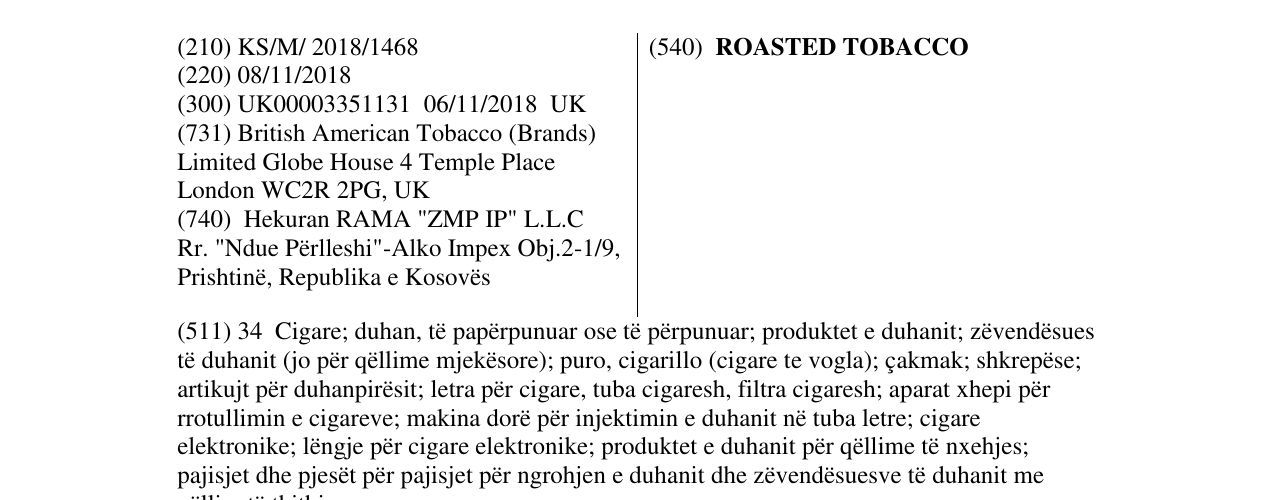 Zëri i markës ROASTED TOBACCO në buletin
