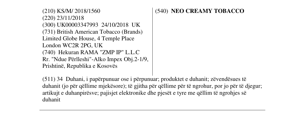 Zëri i markës NEO CREAMY TOBACCO në buletin