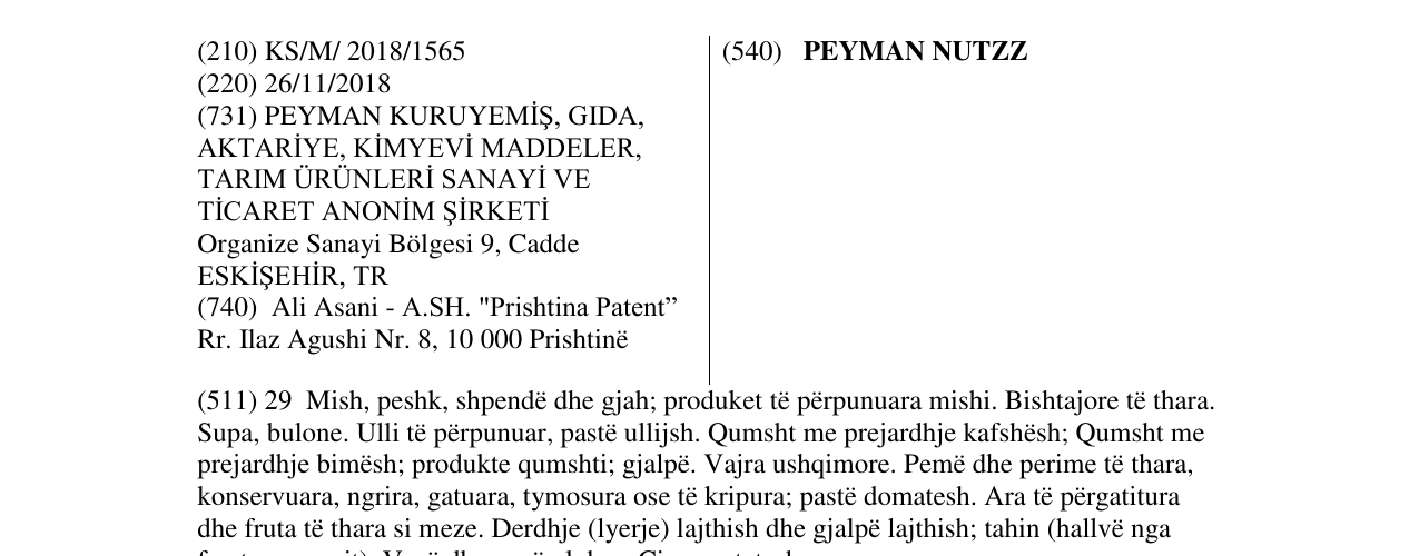 Zëri i markës PEYMAN NUTZZ në buletin