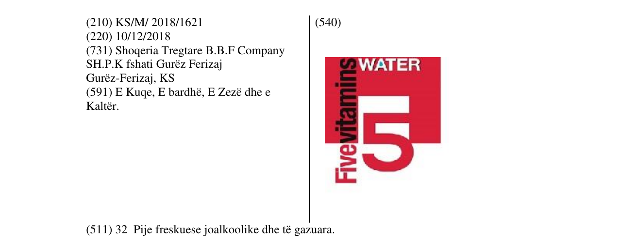 Zëri i markës Fivevitamins WATER 5 në buletin