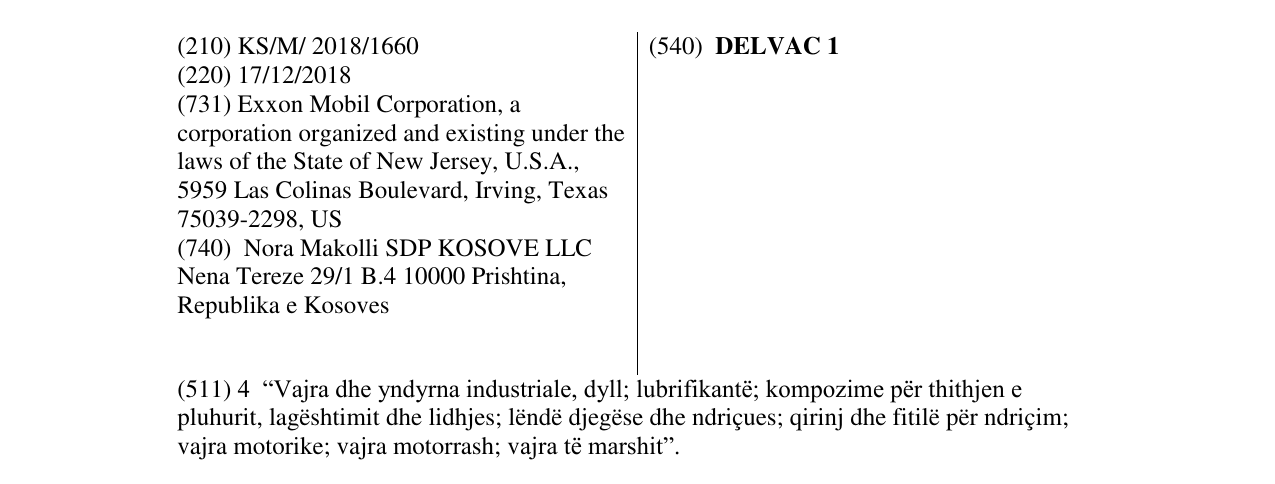 Zëri i markës DELVAC 1 në buletin