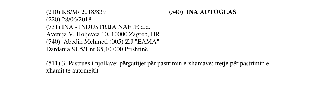 Zëri i markës INA AUTOGLAS në buletin