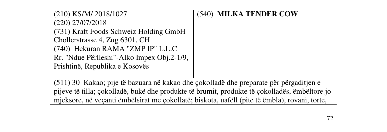 Zëri i markës MILKA TENDER COW në buletin