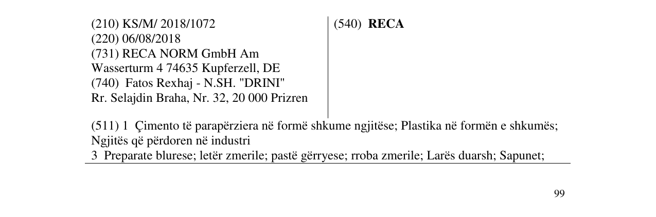 Zëri i markës RECA në buletin