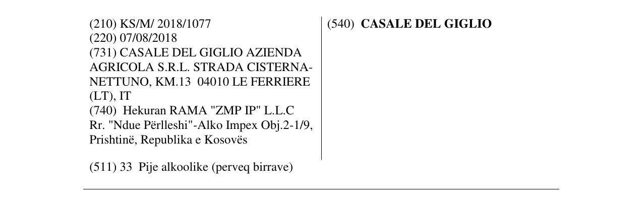 Zëri i markës CASALE DEL GIGLIO në buletin