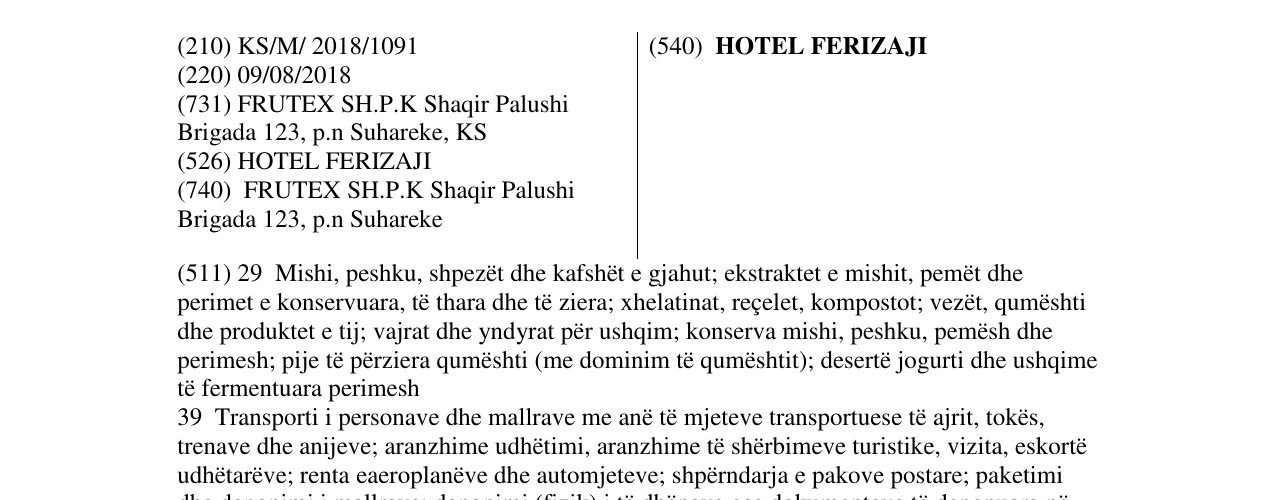 Zëri i markës HOTEL FERIZAJI në buletin
