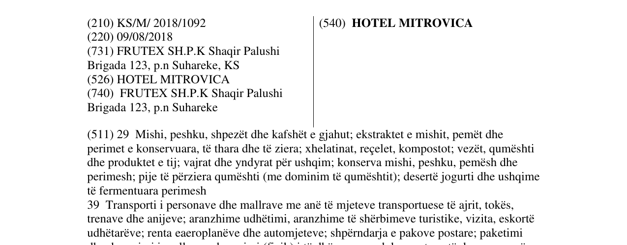Zëri i markës HOTEL MITROVICA në buletin