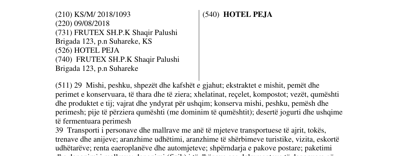 Zëri i markës HOTEL PEJA në buletin