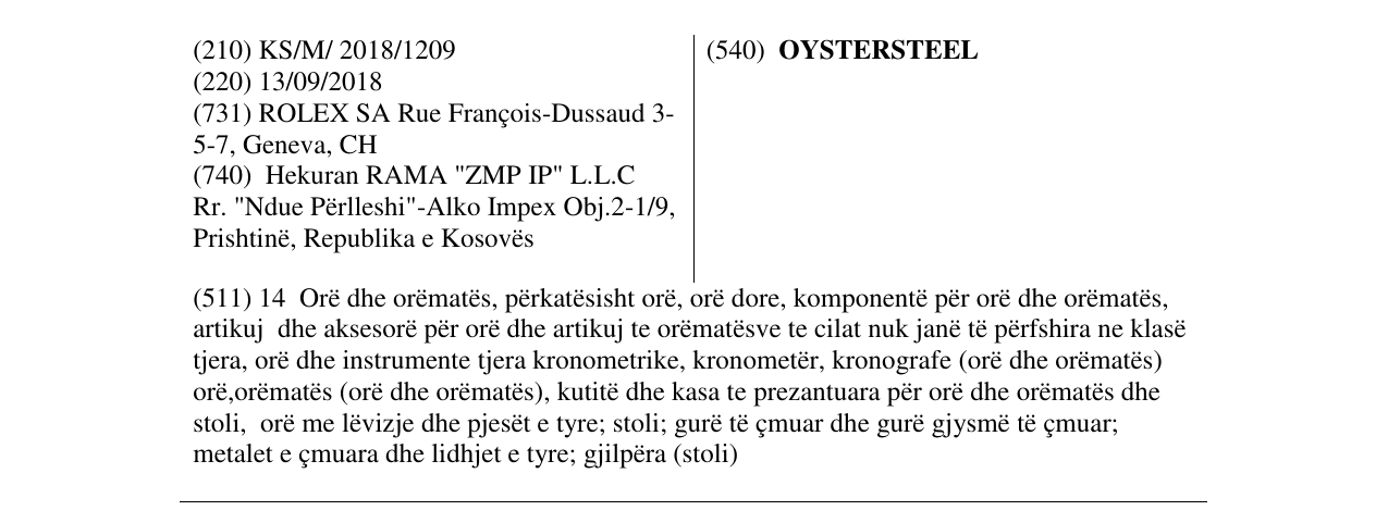 Zëri i markës OYSTERSTEEL në buletin