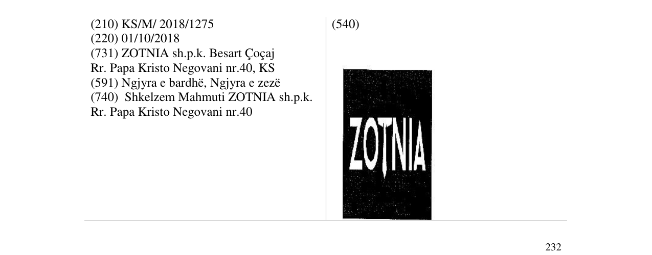 Zëri i markës ZOTNIA në buletin