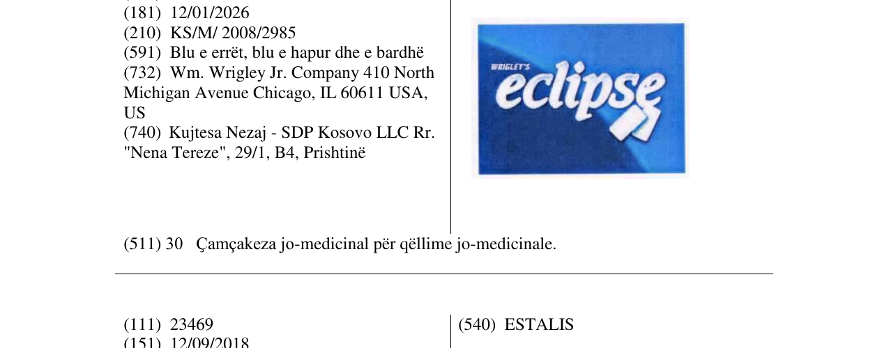 Zëri i markës ECLIPSE WRIGLEY'S në buletin