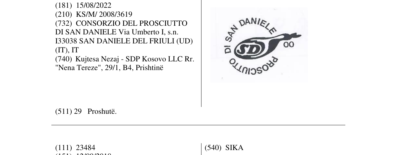 Zëri i markës PROSCIUTTO DI SAN DANIELE në buletin