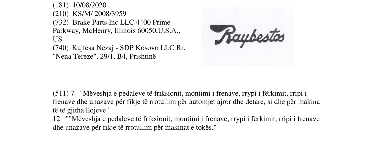 Zëri i markës Raybestos në buletin