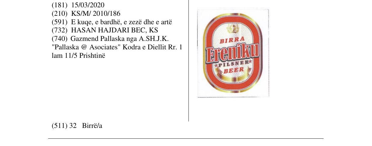 Zëri i markës BIRRA Ereniku në buletin