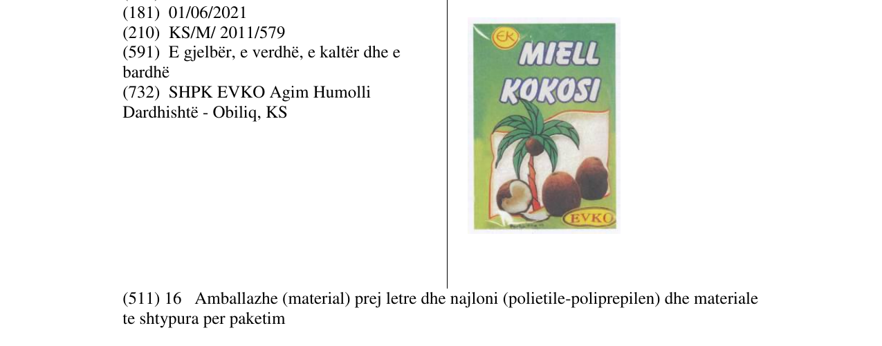 Zëri i markës MIELL KOKOSI në buletin