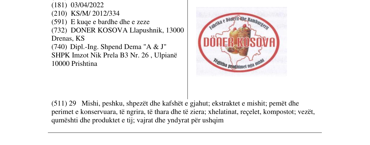 Zëri i markës DÖNER KOSOVA në buletin
