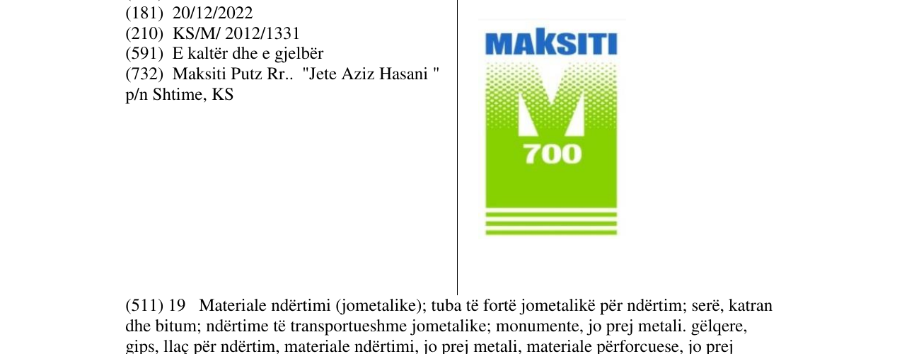 Zëri i markës MAKSITI 700 në buletin