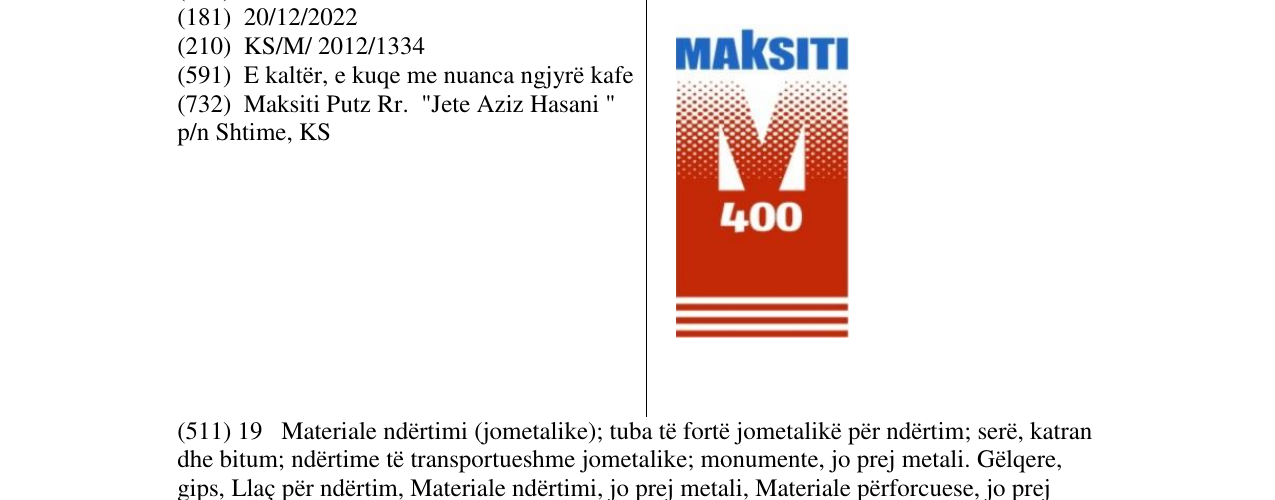Zëri i markës MAKSITI 400 në buletin