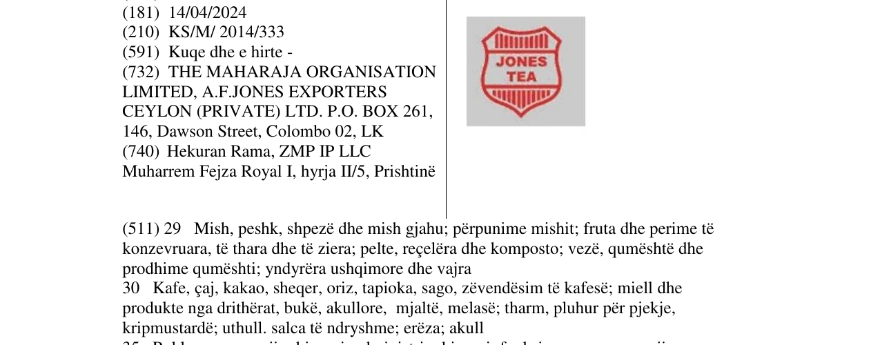 Zëri i markës JONES TEA në buletin