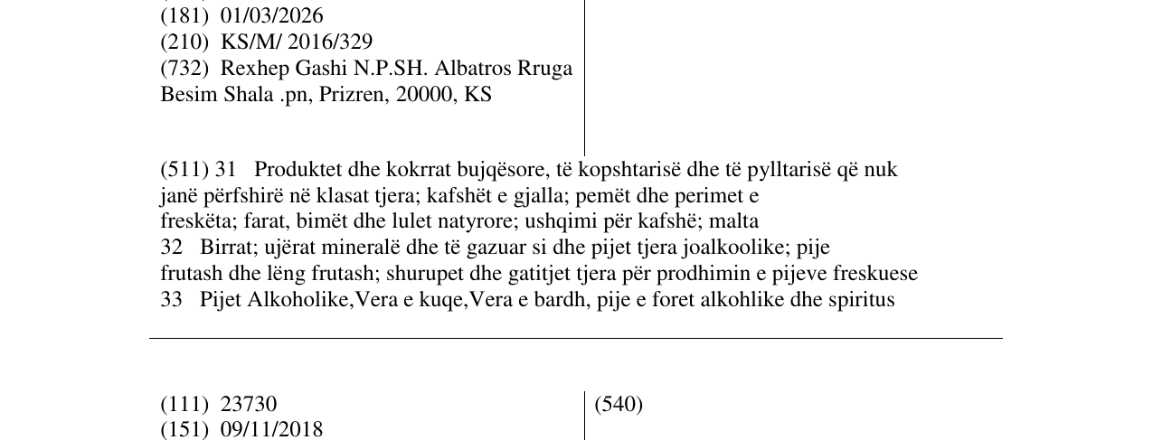 Zëri i markës Albatros Castle në buletin