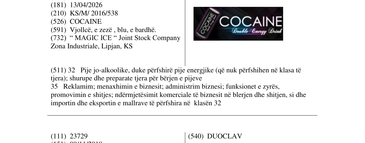 Zëri i markës COCAINE në buletin