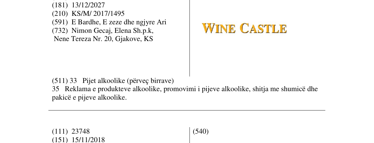 Zëri i markës WINE CASTLE në buletin