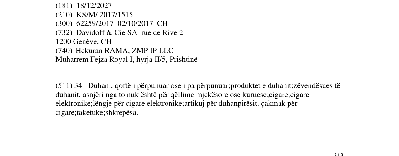 Zëri i markës DAVIDOFF REACH në buletin