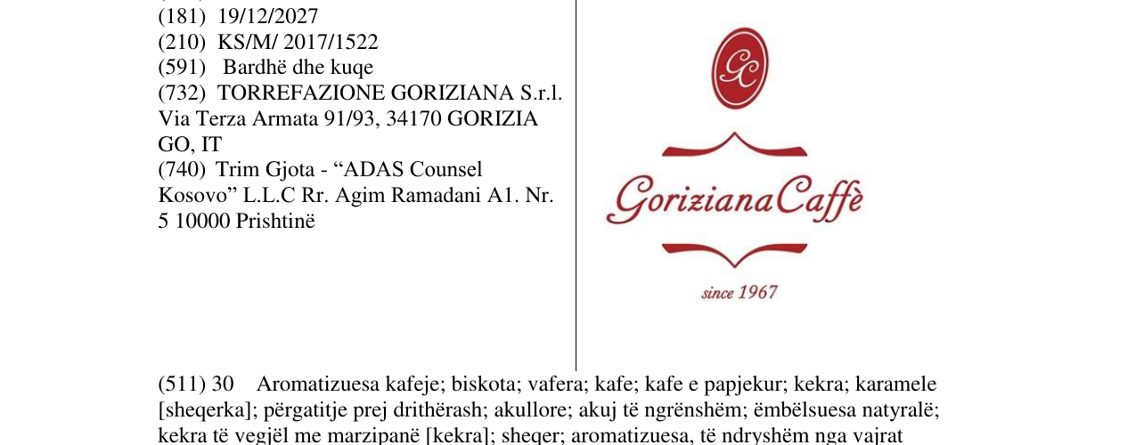 Zëri i markës Goriziana Caffe në buletin