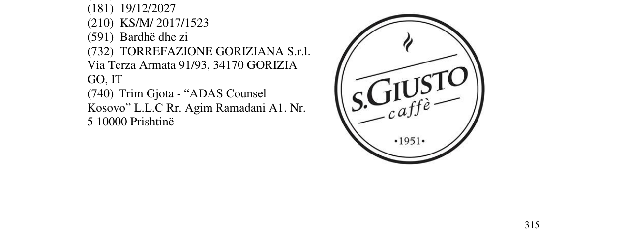 Zëri i markës s.GIUSTO caffe në buletin