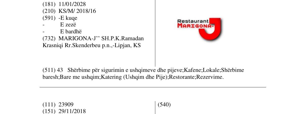 Zëri i markës Restaurant MARIGONA në buletin