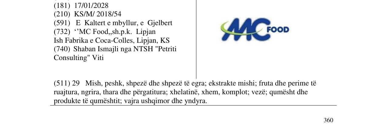 Zëri i markës MC FOOD në buletin