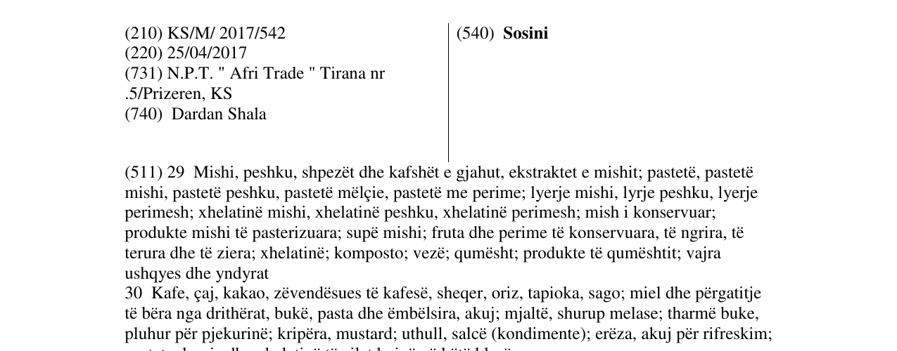 Zëri i markës Sosini në buletin