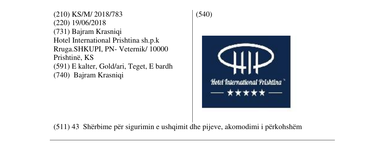 Zëri i markës Hotel International Prishtina në buletin