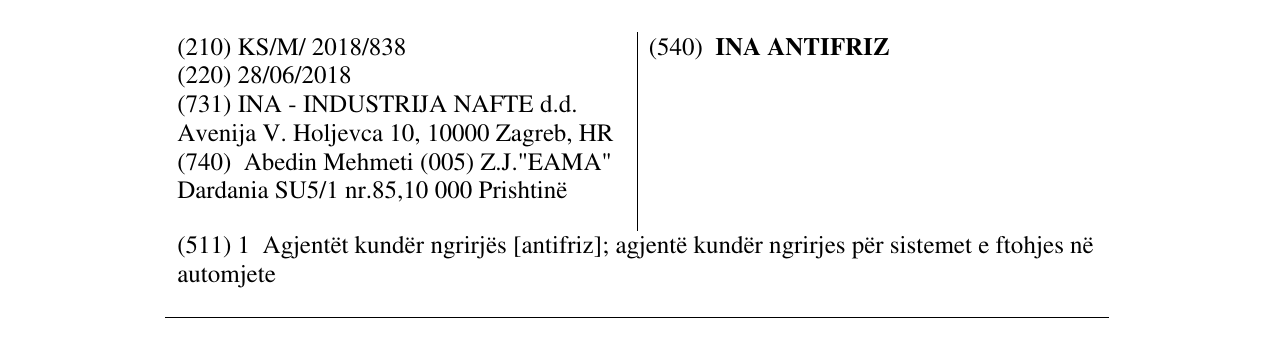 Zëri i markës INA ANTIFRIZ në buletin